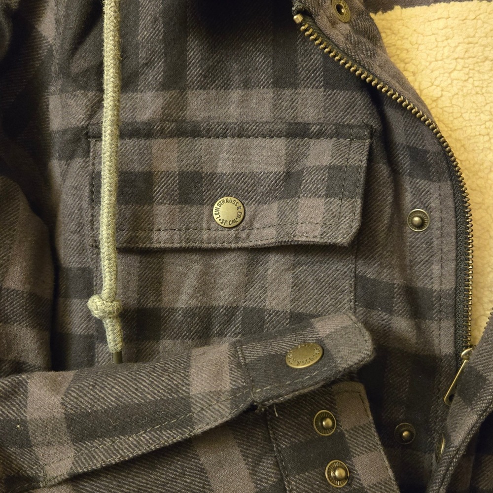 Levi Strauss Mens Sherpa Lined Plaid Hooded Shirt Jacket Charcoal Black NEW - Picture 3 of 8